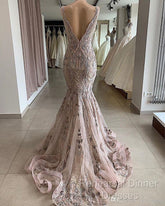 Lace Beaded Sexy African Dubai Evening Dresses Mermaid Backless Semi Formal Prom Dresses Deep V-Neck Formal Party Bridesmaid Pageant Gowns